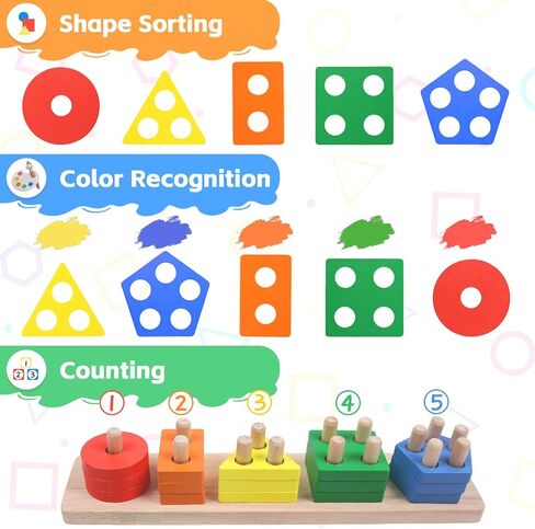 Montessori Toys for 1 2 3 Year Old - Wooden Baby Stacking Toys Sensory Educational Shape Sorter Color Sorting Toy for Toddlers 1-3, Birthday Gifts for Girls Boys Kids in Saudi Arabia