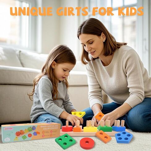 Montessori Toys for 1 2 3 Year Old - Wooden Baby Stacking Toys Sensory Educational Shape Sorter Color Sorting Toy for Toddlers 1-3, Birthday Gifts for Girls Boys Kids in Saudi Arabia