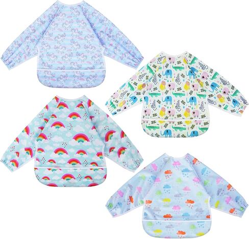 Mess Proof Long Sleeve Baby Bibs for Toddlers, Feeding Bibs Waterproof Soft Infant Outfit Bibs Apron 4 Packs in Saudi Arabia
