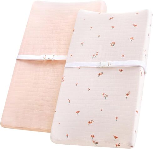 LifeTree Changing Pad Cover Unisex - Soft Muslin Fitted Diaper Changing Table Sheets for Boys and Girls - 16"x32" Organic Cotton - Flower and Peach Pink, 2 Pack in Saudi Arabia