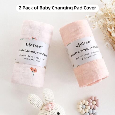 LifeTree Changing Pad Cover Unisex - Soft Muslin Fitted Diaper Changing Table Sheets for Boys and Girls - 16"x32" Organic Cotton - Flower and Peach Pink, 2 Pack in Saudi Arabia