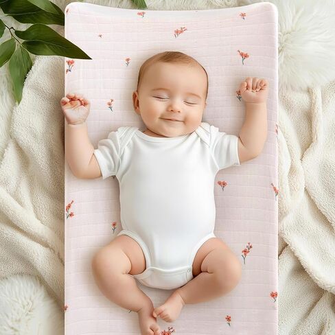 LifeTree Changing Pad Cover Unisex - Soft Muslin Fitted Diaper Changing Table Sheets for Boys and Girls - 16"x32" Organic Cotton - Flower and Peach Pink, 2 Pack in Saudi Arabia