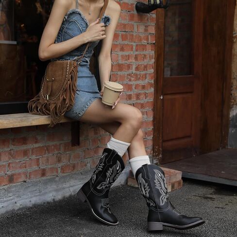 Womens Cowboy Boots Mid Calf Cowgirl Boots with Classic Embroidered Chunky Heel Western Boots in Saudi Arabia