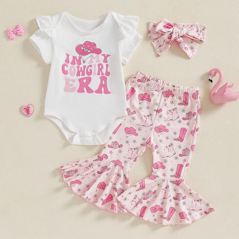 Western Baby Girl Summer Clothes In My Cowgirl Era Romper Bell Bottom Flare Pants Set 3Pcs Infant Cowgirl Outfits in Saudi Arabia