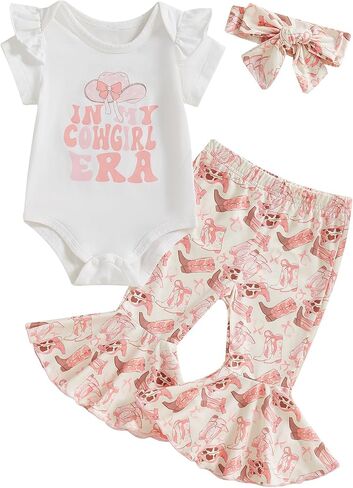 Western Baby Girl Summer Clothes In My Cowgirl Era Romper Bell Bottom Flare Pants Set 3Pcs Infant Cowgirl Outfits in Saudi Arabia