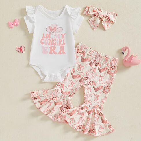 Western Baby Girl Summer Clothes In My Cowgirl Era Romper Bell Bottom Flare Pants Set 3Pcs Infant Cowgirl Outfits in Saudi Arabia