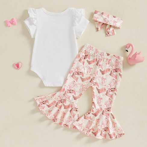 Western Baby Girl Summer Clothes In My Cowgirl Era Romper Bell Bottom Flare Pants Set 3Pcs Infant Cowgirl Outfits in Saudi Arabia