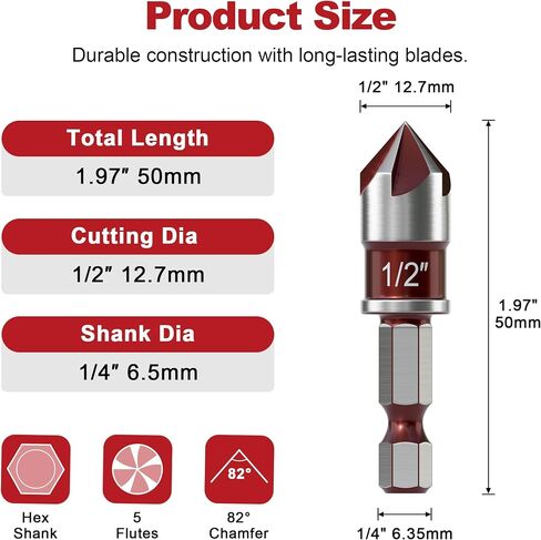 Bittersink Drill Bit-82 ، 5 Blutes High Speed ​​Steel Countersink Bits ، مع سد hex kx سريع 1/4 بوصة ، أحجام 1/2 بوصة ، للمعادن ، الخشب ، الخشب الرقائقي ، البلاستيك in Saudi Arabia