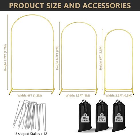 Arch Backdrop Stand Set of 3 Gold Wedding Arches for Ceremony Bridal Arch Stand 7.2FT & 6.6FT & 6FT Garden Arbor Frame for Wedding Birthday Party Baby Shower Photo Booth Background Decor in Saudi Arabia