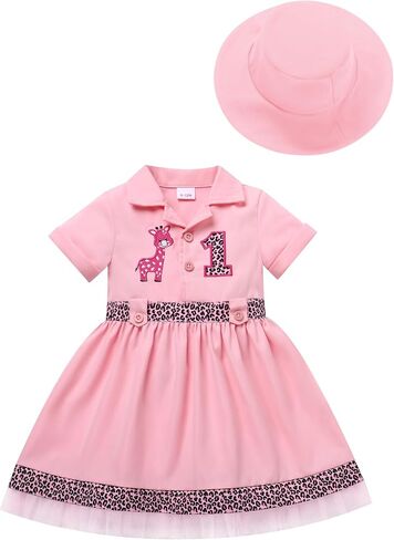 Newborn Baby Girls 1st Birthday Outfits Giraffe Theme Birthday Short Sleeve Ruffle Tulle Dress and Hat in Kuwait
