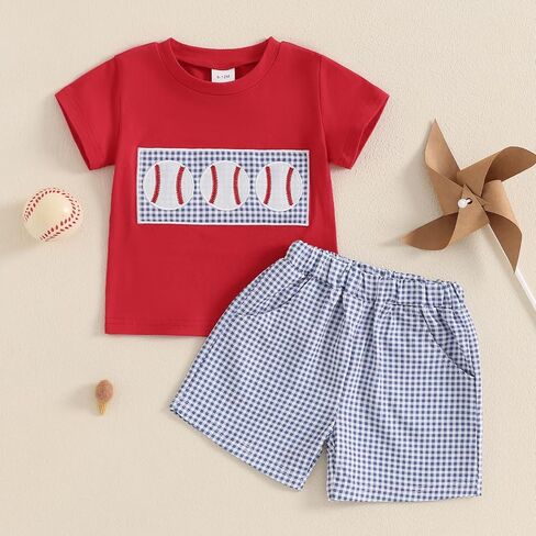 Toddler Baby Boy Summer Clothes Short Sleeve Embroidery Baseball T-shirt & Plaid Shorts Set 2 Piece Outfit in Saudi Arabia