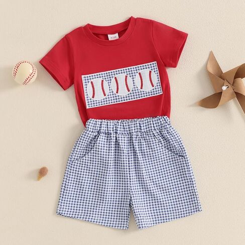 Toddler Baby Boy Summer Clothes Short Sleeve Embroidery Baseball T-shirt & Plaid Shorts Set 2 Piece Outfit in Saudi Arabia