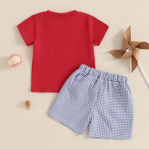 Toddler Baby Boy Summer Clothes Short Sleeve Embroidery Baseball T-shirt & Plaid Shorts Set 2 Piece Outfit in Saudi Arabia
