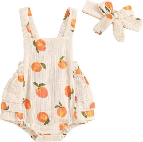 Baby Girl Summer Outfit Peaches print Sleeveless Ruffle Butt Romper with Bow Headband Newborn Infant Jumpsuit in Kuwait