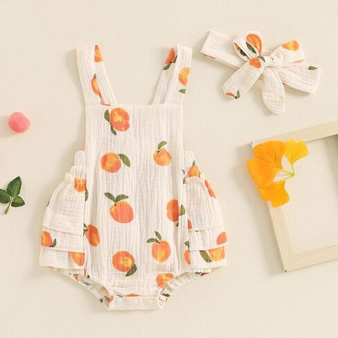 Baby Girl Summer Outfit Peaches print Sleeveless Ruffle Butt Romper with Bow Headband Newborn Infant Jumpsuit in Kuwait