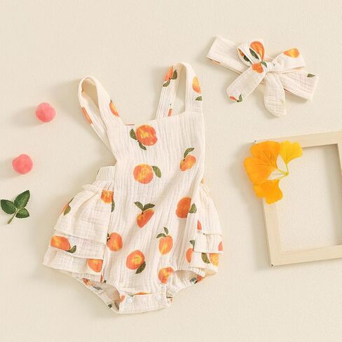 Baby Girl Summer Outfit Peaches print Sleeveless Ruffle Butt Romper with Bow Headband Newborn Infant Jumpsuit in Kuwait