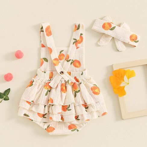 Baby Girl Summer Outfit Peaches print Sleeveless Ruffle Butt Romper with Bow Headband Newborn Infant Jumpsuit in Kuwait