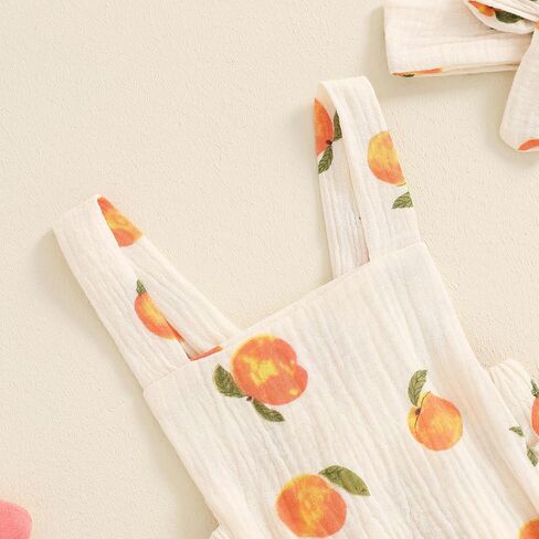 Baby Girl Summer Outfit Peaches print Sleeveless Ruffle Butt Romper with Bow Headband Newborn Infant Jumpsuit in Kuwait