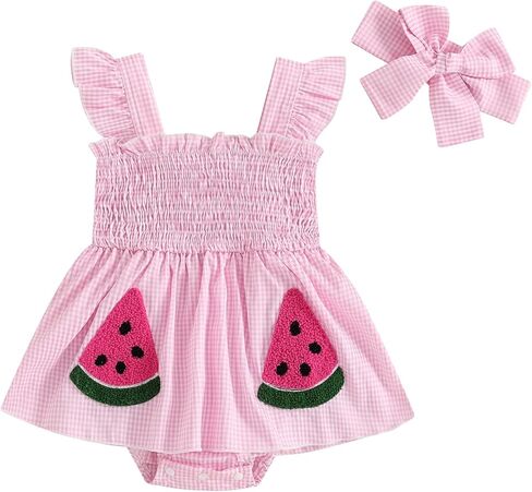 Baby Bodysuit Dress Girl Summer Dress Ruffle Fruit Clothes Shirred Smocked Infant Rompers Plaid Boho Dress Outfits in Kuwait