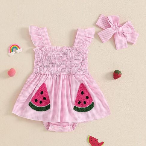 Baby Bodysuit Dress Girl Summer Dress Ruffle Fruit Clothes Shirred Smocked Infant Rompers Plaid Boho Dress Outfits in Kuwait