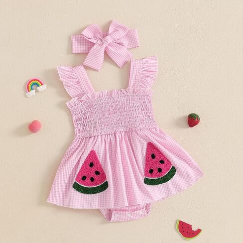 Baby Bodysuit Dress Girl Summer Dress Ruffle Fruit Clothes Shirred Smocked Infant Rompers Plaid Boho Dress Outfits in Kuwait