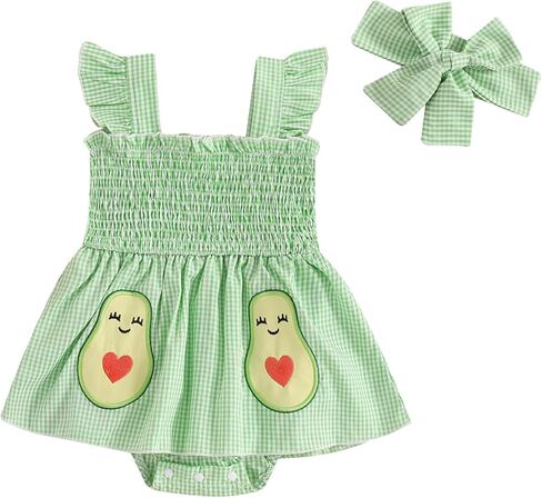 Baby Bodysuit Dress Girl Summer Dress Ruffle Fruit Clothes Shirred Smocked Infant Rompers Plaid Boho Dress Outfits in Kuwait