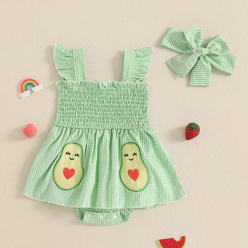 Baby Bodysuit Dress Girl Summer Dress Ruffle Fruit Clothes Shirred Smocked Infant Rompers Plaid Boho Dress Outfits in Kuwait