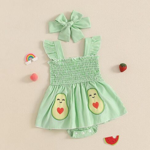 Baby Bodysuit Dress Girl Summer Dress Ruffle Fruit Clothes Shirred Smocked Infant Rompers Plaid Boho Dress Outfits in Kuwait