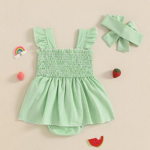 Baby Bodysuit Dress Girl Summer Dress Ruffle Fruit Clothes Shirred Smocked Infant Rompers Plaid Boho Dress Outfits in Kuwait