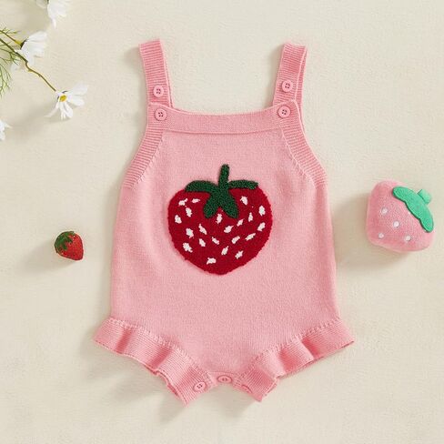 Newborn Baby Girl Knit Romper Strawberry Sweater Jumpsuit Sleeveless Bodysuit Halter Overalls Summer Outfit in Kuwait