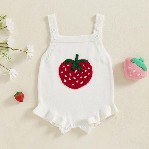 Newborn Baby Girl Knit Romper Strawberry Sweater Jumpsuit Sleeveless Bodysuit Halter Overalls Summer Outfit in Kuwait