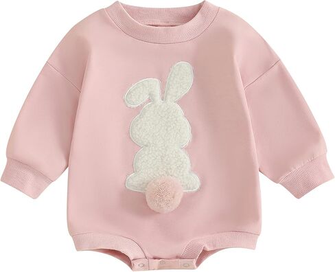 Newborn Baby Girl Cute Easter Romper Casual Clover Bunny Pattern Embroidery O-neck Long Sleeve Jumpsuit Sweatshirts in Saudi Arabia