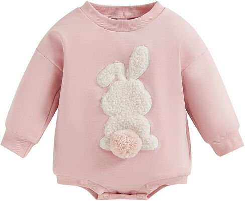 Newborn Baby Girl Cute Easter Romper Casual Clover Bunny Pattern Embroidery O-neck Long Sleeve Jumpsuit Sweatshirts in Saudi Arabia