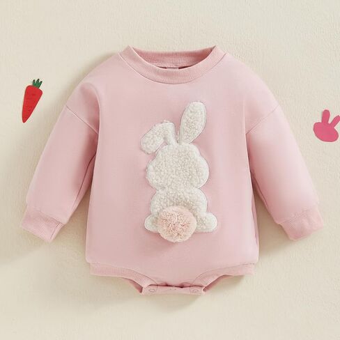 Newborn Baby Girl Cute Easter Romper Casual Clover Bunny Pattern Embroidery O-neck Long Sleeve Jumpsuit Sweatshirts in Saudi Arabia