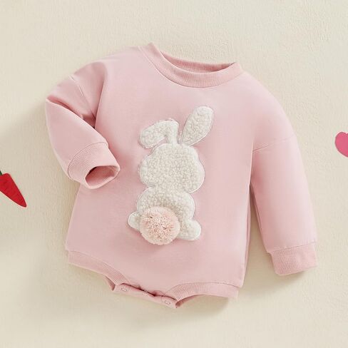 Newborn Baby Girl Cute Easter Romper Casual Clover Bunny Pattern Embroidery O-neck Long Sleeve Jumpsuit Sweatshirts in Saudi Arabia