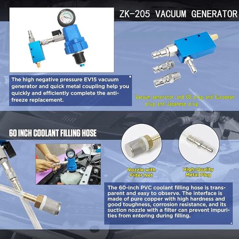 ZKTOOL New Coolant System Vacuum Refiller Kit,Engine Cooling System Vacuum PurgeCoolant Bleeder Kit with 8 Rubber Sleeves & 2 Universal Adapter Cone Plug EV15 Vacuum Generator.… in Saudi Arabia