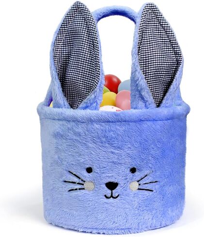 Faylapa Easter Bunny Basket Bags,Plush Easter Bunny Baskets with Plaid Long Plush Ear, Personalized Easter Eggs Basket for Party Decorations Candy Gifts-Blue in Saudi Arabia
