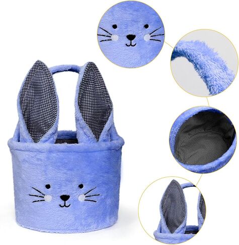 Faylapa Easter Bunny Basket Bags,Plush Easter Bunny Baskets with Plaid Long Plush Ear, Personalized Easter Eggs Basket for Party Decorations Candy Gifts-Blue in Saudi Arabia