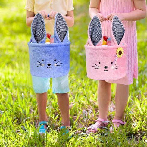Faylapa Easter Bunny Basket Bags,Plush Easter Bunny Baskets with Plaid Long Plush Ear, Personalized Easter Eggs Basket for Party Decorations Candy Gifts-Blue in Saudi Arabia