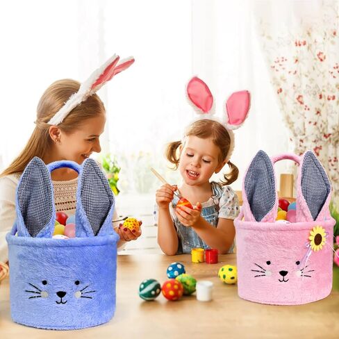 Faylapa Easter Bunny Basket Bags,Plush Easter Bunny Baskets with Plaid Long Plush Ear, Personalized Easter Eggs Basket for Party Decorations Candy Gifts-Blue in Saudi Arabia