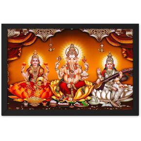 صورة لوحة MangalFashions Three Hindu Gods Lakshmi Ganesha Saraswati مع إطار (خشب صناعي)، متعددة الألوان، دينية، 13.5 × 9.5 بوصة in Saudi Arabia