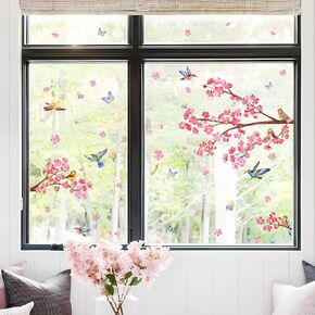 Supzone Peach Blossom Branch Window Clings Birds Floral Window Decals Reusable Thicken Anti-Collision Double-Side Window Stickers for Living Room Home Window Glass Door Decoration