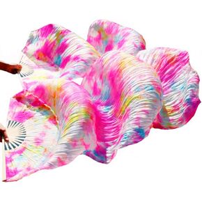 Aumulen Women 1 Pair (Left+Right) Real Silk Belly Dance Fan Veils Hand Made Colorful Tie-Dyed Dance Fans
