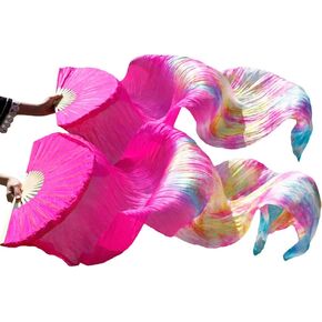 Aumulen Women 1 Pair (Left+Right) Real Silk Belly Dance Fan Veils Hand Made Colorful Tie-Dyed Dance Fans in Kuwait