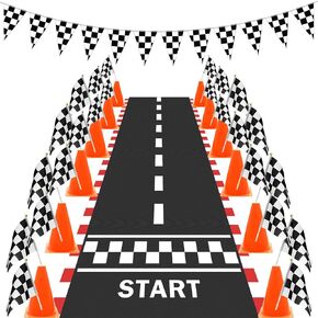 38 Pcs Checkered Flag Party Supplies, Catcan Race Car Party Decorations Include 24P Racing Checkered Flags Hand Held 12P Traffic Cones 1 Hanging Checkered Flag 1 Racetrack Floor Running