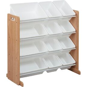 ECR4Kids 4-Tier Organizer with 12 Bins, Toy Storage, Dark Natural/White