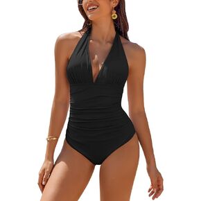 AI'MAGE Womens Halter One Piece Swimsuits Deep V Neck Ruched Tummy Control Bathing Suits