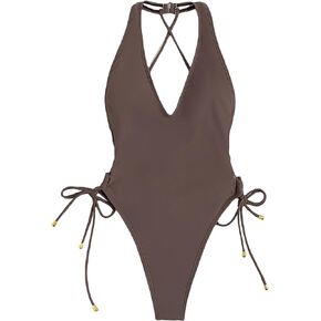 OYOANGLE Women's Criss Cross Backless V Neck Tie Side High Cut Thong One Piece Swimsuit