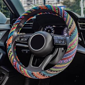 Boho Steering Wheel Cover Elastic Microfiber for Women, Hippie Steering Wheel Cover Ethnic Flax Cloth Universal Fit 15 inch for Cars, Truck, Van, SUV - (D-Blue)