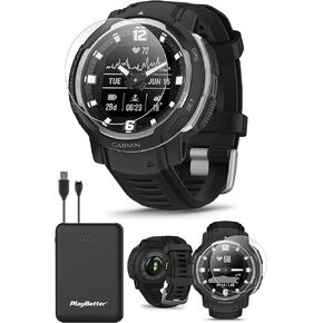 PlayBetter Garmin Instinct Crossover Solar (Tidal Blue) Hybrid Rugged Smart Watch with Luminescent Hands & Digital Display | Bundle Portable Charger & Screen Protectors | Smartphone Compatible
